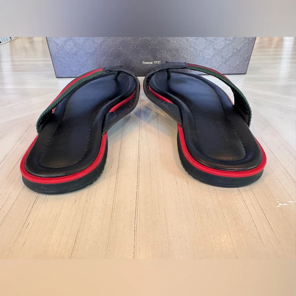 🔥GUCCI🔥 GG Microguccissima Web Thong Men’s Black Leather Sandal – Size 9